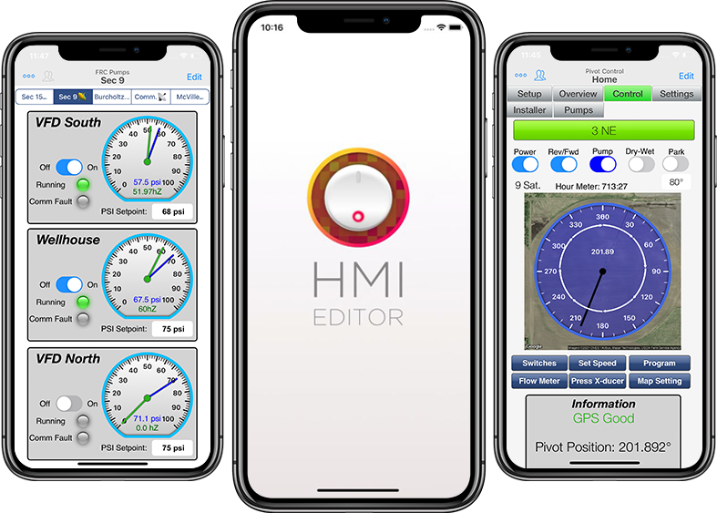 HMI Editor with pump and irrigation control screens