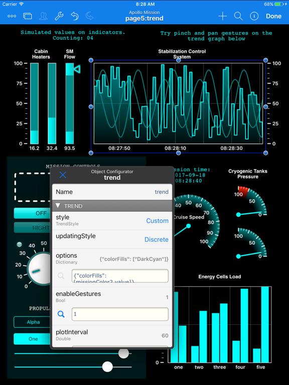 Apollo Mission project in HMI Editor, with the trend chart selected and its object settings open.