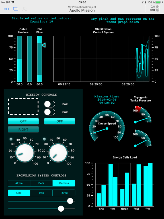 The same Apollo Mission project running in HMI Viewer, showing its controls, gauges, and trend chart.